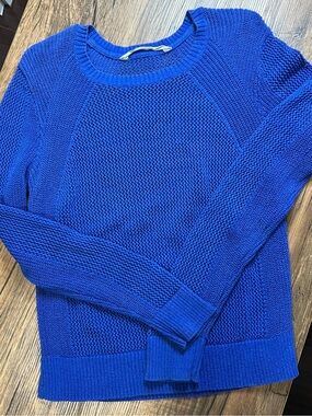 Athleta Blue Mesh Pullover Sweater Caspian Open Knit Cotton Blend S M